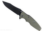 Rick Hinderer Knives Eklipse Spear Point folding knife with flipper tab and thumb stud - shown open presentation side.  Battle Black S45VN stainless steel plain edge blade.  OD green G-10 handle with Battle Black lock side.  Model KEK35SPEDLC.