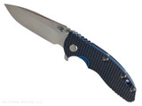 Rick Hinderer Knives XM-18 3.25" Spear Point folding knife with thumb stud and flipper tab - shown open presentation side.  Stonewash S45VN stainless steel plain edge blade.  Blue - black G-10 handle with stonewash blue lock side.  Model KXM325SPE.