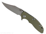 Rick Hinderer Knives XM-18 3.0" Bowie folding knife with thumb stud and flipper tab - shown open presentation side.  Stonewash 20CV stainless steel plain edge blade.  OD green G-10 handle with stonewashed lock side.  Model KXM30BOW.