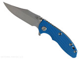 Rick Hinderer Knives XM-18 3.0" Bowie folding knife with thumb stud and flipper tab - shown open presentation side.  Stonewash 20CV stainless steel plain edge blade.  Blue G-10 handle with Working Finish lock side.  Model KXM30BOW.
