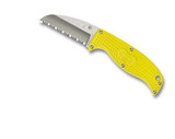 Spyderco Enuff Sheepsfoot Salt fixed blade knife - shown out of sheath obverse.  Satin H-2 stainless steel serrated edge blade.  Yellow FRN handle.  Model FB31SYL.