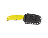 Spyderco Enuff Sheepsfoot Salt fixed blade knife - shown in sheath reverse.  Satin H-2 stainless steel serrated edge blade.  Yellow FRN handle.  Model FB31SYL.