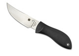 Spyderco Bill Moran Upswept fixed blade knife - shown out of sheath obverse.  Satin VG-10 stainless steel plain edge blade.  Black FRN handle with Kraton inserts.  Model FB01P.