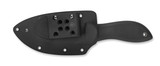 Spyderco Bill Moran Upswept fixed blade knife - shown in sheath obverse.  Satin VG-10 stainless steel plain edge blade.  Black FRN handle with Kraton inserts.  Model FB01P.