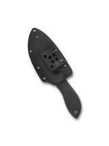 Spyderco Bill Moran Upswept fixed blade knife - shown in sheath obverse.  Satin VG-10 stainless steel plain edge blade.  Black FRN handle with Kraton inserts.  Model FB01P. Spyderco Bill Moran Upswept fixed blade knife - shown in sheath obverse.  Satin VG-10 stainless steel plain edge blade.  Black FRN handle with Kraton inserts.  Model FB01P.