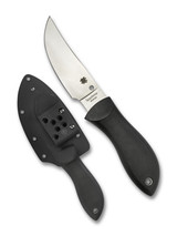 Spyderco Bill Moran Upswept fixed blade knife - shown out of sheath obverse and in sheath obverse. Satin VG-10 stainless steel plain edge blade. Black FRN handle with Kraton inserts. Model FB01P. Spyderco Bill Moran Upswept fixed blade knife - shown out of sheath obverse and in sheath obverse. Satin VG-10 stainless steel plain edge blade. Black FRN handle with Kraton inserts. Model FB01P.