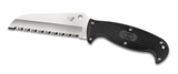 Spyderco Jumpmaster fixed blade knife - shown out of sheath obverse.  Satin H-1 stainless steel serrated edge blade.  Black FRN handle.  Model FB24SBK.
For reference only.