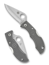 Spyderco Ladybug 3 folding knife with thumb hole - shown open obverse and closed reverse.  Satin VG-10 stainless steel plain edge blade.  Foliage Green FRN handle.  Model LFGP3.