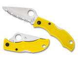 Spyderco Ladybug 3 Salt folding knife with thumb hole - shown open obverse and closed reverse.  Satin H-2 stainless steel serrated edge blade.  Yellow FRN handle.  Model LYLS3.
