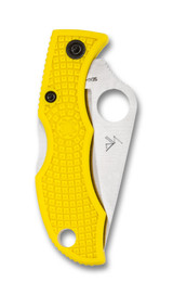 Spyderco Ladybug 3 Salt folding knife with thumb hole - shown closed reverse.  Satin H-2 stainless steel serrated edge blade.  Yellow FRN handle.  Model LYLS3.
