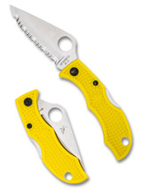 Spyderco Ladybug 3 Salt folding knife with thumb hole - shown open obverse and closed reverse.  Satin H-2 stainless steel serrated edge blade.  Yellow FRN handle.  Model LYLS3.
