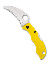 Spyderco Ladybug 3 Hawkbill Salt folding knife with thumb hole - shown open obverse.  Satin H-2 stainless steel serrated edge blade.  Yellow FRN handle.  Model LYLS3HB.