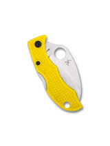 Spyderco Ladybug 3 Hawkbill Salt folding knife with thumb hole - shown closed reverse.  Satin H-2 stainless steel serrated edge blade.  Yellow FRN handle.  Model LYLS3HB.