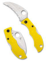Spyderco Ladybug 3 Hawkbill Salt folding knife with thumb hole - shown open obverse and closed reverse.  Satin H-2 stainless steel serrated edge blade.  Yellow FRN handle.  Model LYLS3HB.