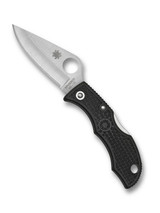 Spyderco Ladybug 3 folding knife with thumb hole - shown open obverse.  Satin VG-10 stainless steel plain edge blade.  Black FRN handle.  Model LBKP3.