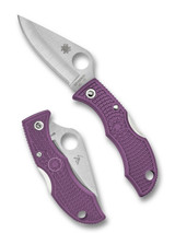 Spyderco Ladybug 3 folding knife with thumb hole - shown open obverse and closed reverse.  Satin VG-10 stainless steel plain edge blade.  Purple FRN handle.  Model LPRP3.