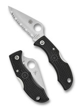 Spyderco Ladybug 3 folding knife with thumb hole - shown open obverse and closed reverse.  Satin VG-10 stainless steel serrated edge blade.  Black FRN handle.  Model LBKS3.