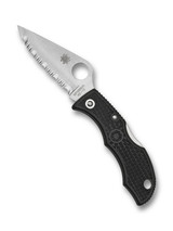 Spyderco Ladybug 3 folding knife with thumb hole - shown open obverse.  Satin VG-10 stainless steel serrated edge blade.  Black FRN handle.  Model LBKS3.