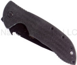 Emerson Knives Super Commander BT folding knife with thumb disk and Emerson Wave opener - shown closed presentation side.  Black 154CM stainless steel plain edge blade.  Black G-10 handle.  Model S-COMM-BT.
