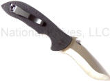 Emerson Knives Super Commander SFS folding knife with thumb disk and Emerson Wave opener - shown open pocket clip side.  Satin 154CM stainless steel combo edge blade.  Black G-10 handle.  Model S-COMM-SFS
