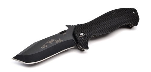 Emerson Knives Mini CQC-15 BT folding knife with thumb disk and Emerson Wave opener - shown open presentation side.  Black 154CM stainless steel plain edge blade.  Black G-10 handle.  Model M-CQC-15-BT.