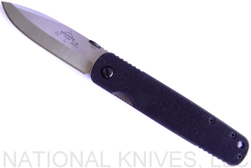 Emerson Knives A-100 SF folding knife with thumb disk - shown open presentation side.  Stonewashed 154CM stainless steel plain edge blade.  Black G-10 handle.  Model A-100-SF.