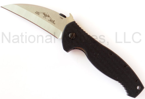Emerson Knives P-SARK SF folding knife with thumb disk and Emerson Wave opener - shown open presentation side.  Satin 154CM stainless steel plain edge blade.  Black G-10 handle.  Model P-SARK-SF.
For reference only.
