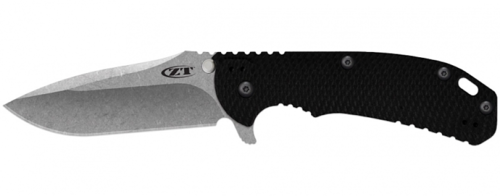 Zero Tolerance 0560 folding knife with flipper tab - shown open presentation side.  Stonewashed Elmax stainless steel plain edge blade.  Black G-10 handle with titanium lock side.  Model 0560.
For reference only.