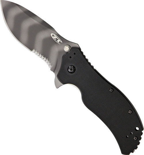 Zero Tolerance 0350TSST assisted opening folding knife with flipper tab - open - logo side.  Tiger striped coated 3.25" S30V stainless steel partially serrated edge blade.  Black G-10 handle.  Model 0350TSST.
For reference only.
