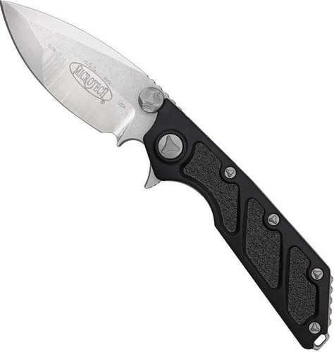 Microtech DOC 153-10 folding knife - shown open - presentation side.  Stonewashed S30V stainless steel plain edge blade.  Black aluminum handle with traction inserts.  Model 153-1.
For reference only.