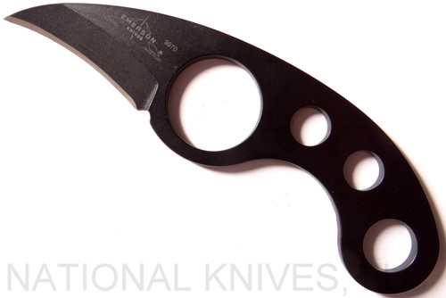 Emerson Knives La Griffe BT fixed blade knife - shown out of sheath reverse.  Black 154CM stainless steel plain edge blade and handle.  Model LA GRIFFE-BT.