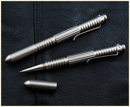 Rick Hinderer Knives Extreme Duty ink pen - shown with cap off and with cap on.  Stainless steel construction.  Model P5802002TD.
