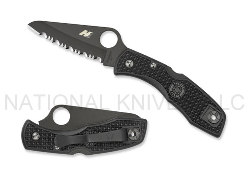 Spyderco Salt 1 folding knife with thumb hole - shown open presentation side and closed pocket clip side.  Black H-1 stainless steel serrated edge blade.  Black FRN handle. Model C88SBBK.
For reference only.