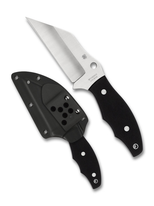 Spyderco Ronin 2 fixed blade knife - shown out of sheath obverse and in sheath obverse.  Satin CTS-BD1N stainless steel plain edge blade.  Black G-10 handle.  Model FB09GP2.