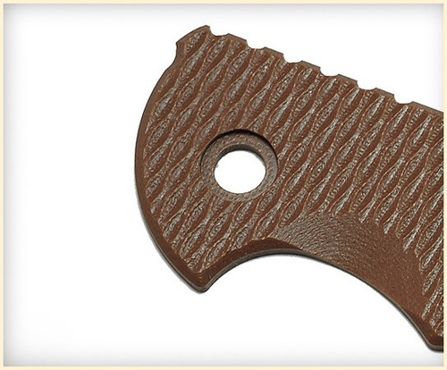 Rick Hinderer Knives Textured G-10 handle scale - close up of pivot are obverse shown.  Fits 3.0" XM-18.  Flat Dark Earth (FDE) color.  Model K010100700-FDE.