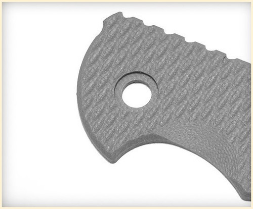 Rick Hinderer Knives XM-24 Textured G-10 handle scale - close up of pivot hole obverse shown.  Grey color.