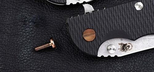 Rick Hinderer Knives Pivot Screw to fit XM-18 3.0" - shown installed on knife.  Stonewash bronze titanium construction.  Model K2151001BR.