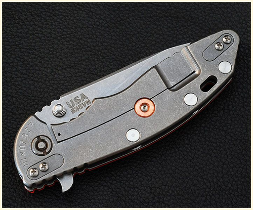 Rick Hinderer Knives Lock Bar Stabilizer - shown installed on knife.  Copper construction.  Model K003000600.
