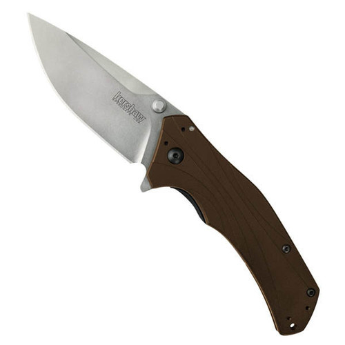 Kershaw Knockout limited edition assisted opening folding knife with flipper tab - shown open presentation side.  Stonewashed Elmax stainless steel plain edge blade.  Brown aluminum handle.  Model 1870SWBRN.
For reference only.