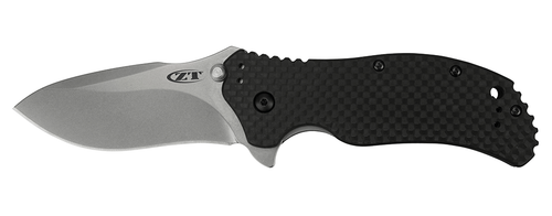 Zero Tolerance 0350SWCF assisted opening folding knife with flipper tab - open - logo side.  Stonewashed 3.25" S30V stainless steel plain edge blade.  Black carbon fiber handle.  Model 0350SWCF.
For reference only.