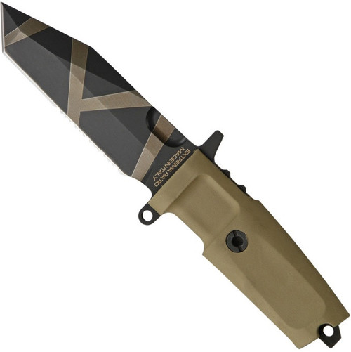 Extrema Ratio Fulcrum C fixed blade knife - shown out of sheath.  Geo-Camo coated N690Co stainless steel plain edge blade.  Desert Warfare Forprene handle.  Model 150FULCDW.
