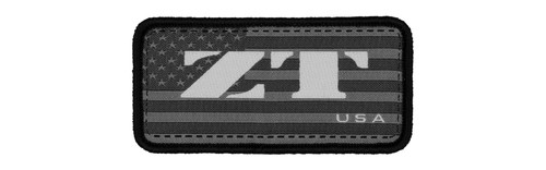 Zero Tolerance ZT USA Woven Patch - obverse shown.  Constructed of white, gray, and black fabric.  Model ZTPATCHUS26W.