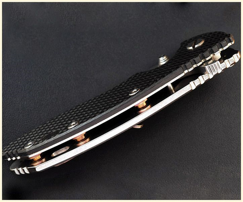 Rick Hinderer Knives Standoffs to fit XM-18 3.5" - shown installed on knife.  Stonewash bronze titanium construction.  Model K2202101BR.