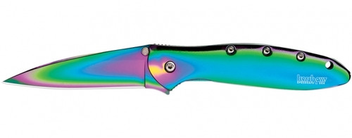 Kershaw Leek Rainbow assisted opening folding knife - shown open.  Multicolored 14C28N stainless steel plain edge blade.  Multicolored stainless steel handle.  Model 1660VIB.
For reference only.
