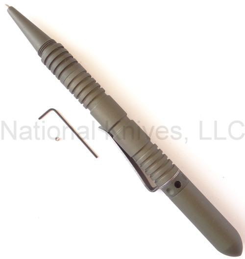 Rick Hinderer Knives Modular Pen Set - shown with cap attached to back  Olive Drab aluminum construction.  Model P5802004OD.
For reference only.