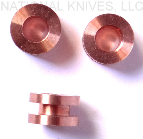 Rick Hinderer Knives Standoffs to fit XM-24 - shown installed on knife.  Copper construction.  Model K220310600.