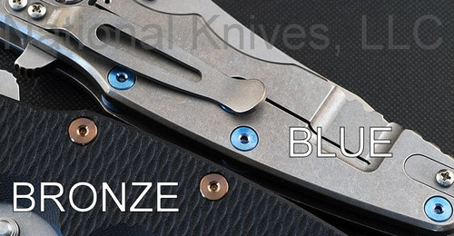 Rick Hinderer Knives handle screws to fit 3.5" Eklipse and Zero Tolerance 0392 models - shown installed on knife.  Anodized blue titanium construction.