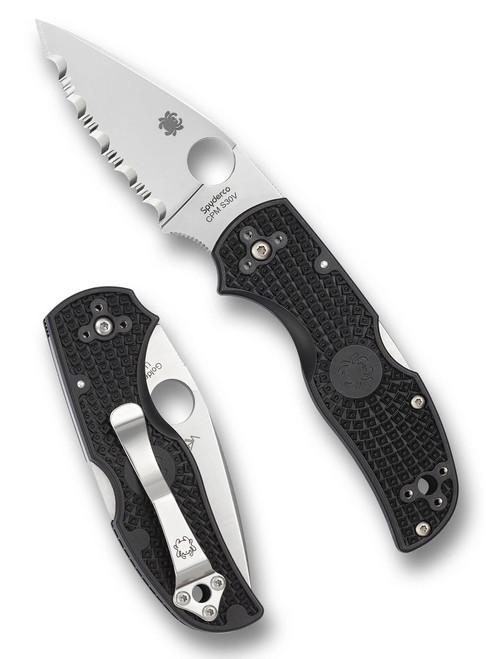 Spyderco Native 5 folding knife with thumb hole - shown open presentation side and closed pocket clip side.  Satin S30V stainless steel serrated edge blade.  Black FRN handle.  Model C41SBK5.
