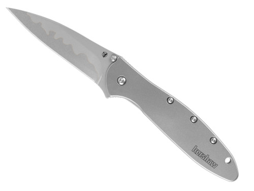 Kershaw Leek assisted opening folding knife with thumb studs and flipper tab - shown open presentation side.  14C28N and D2 steel plain edge blade.  Stainless steel handle.  Model 1660CB.