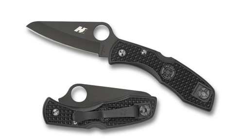 Spyderco Salt 1 folding knife with thumb hole - shown open presentation side and closed pocket clip side.  Black H-1 stainless steel plain edge blade.  Black FRN handle. Model C88PBBK.
For reference only.